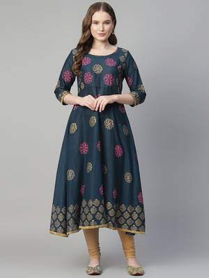 Navy blue cotton printed anarkali kurta 1