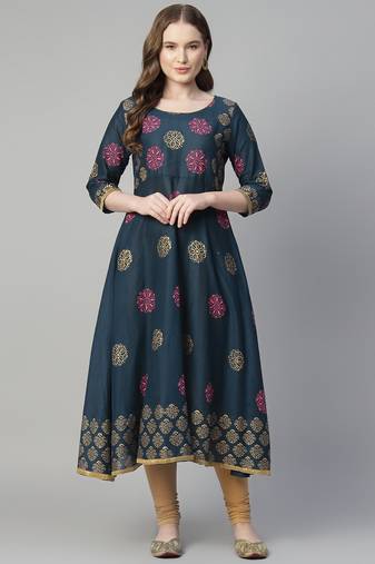 Navy blue cotton printed anarkali kurta