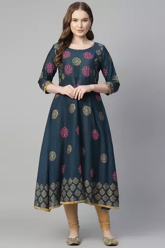Navy blue cotton printed anarkali kurta