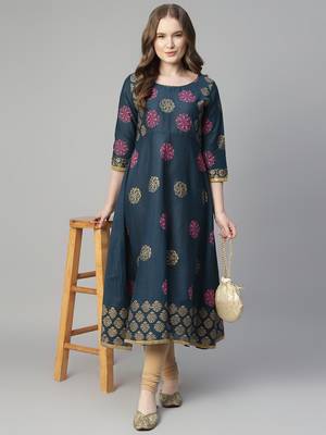 Navy blue cotton printed anarkali kurta 2