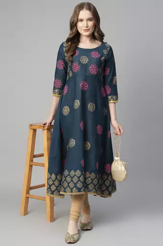 Navy blue cotton printed anarkali kurta