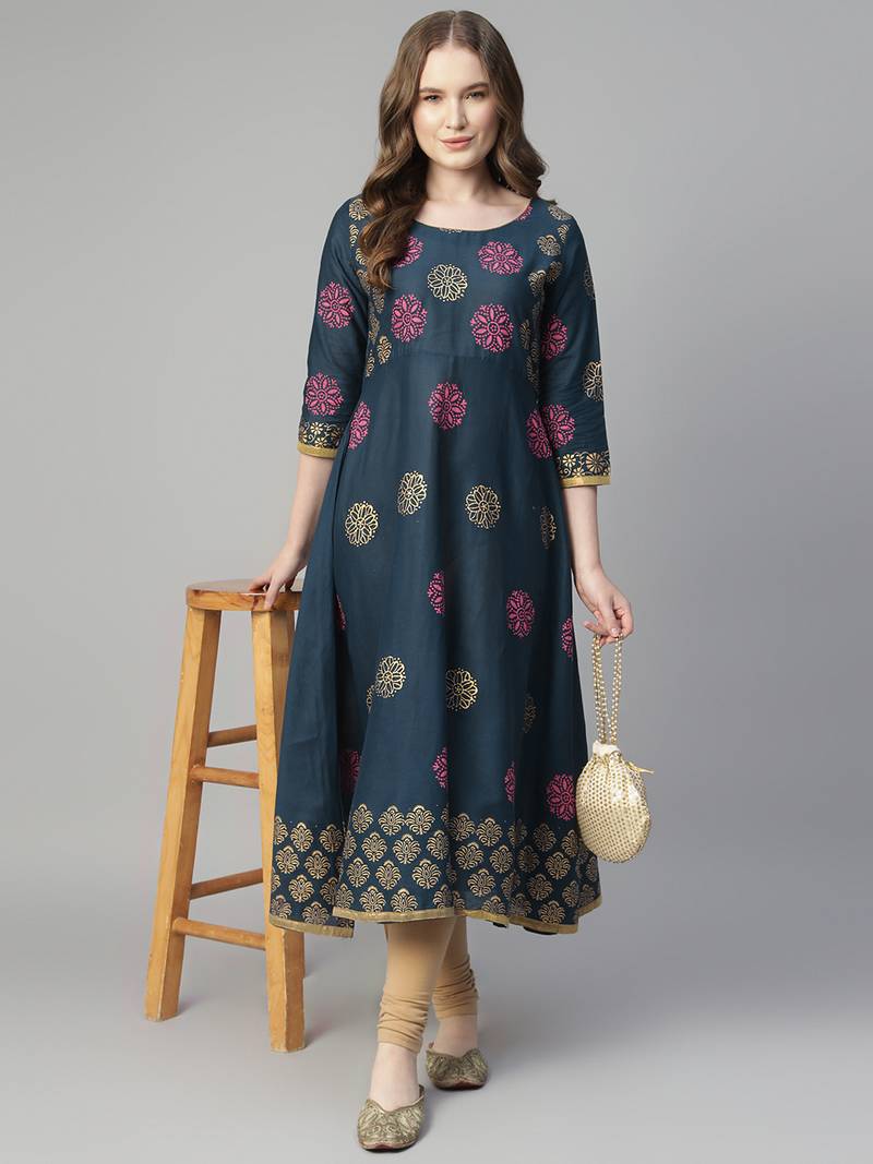 Navy blue cotton printed anarkali kurta