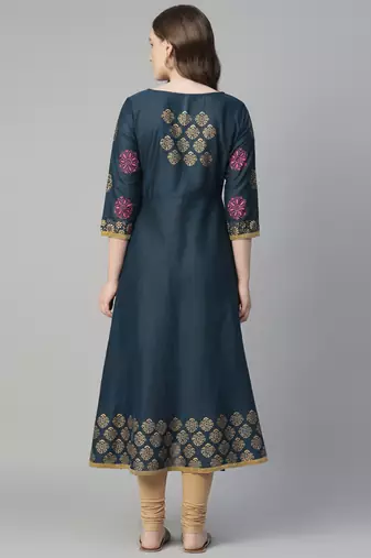 Navy blue cotton printed anarkali kurta