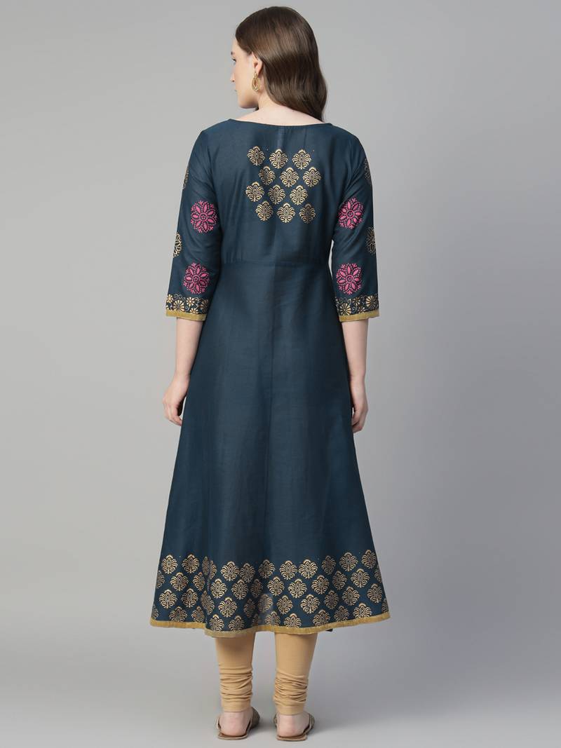 Navy blue cotton printed anarkali kurta