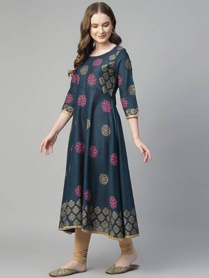 Navy blue cotton printed anarkali kurta 4
