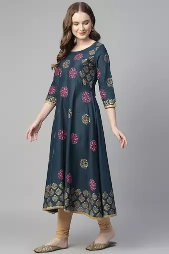 Navy blue cotton printed anarkali kurta
