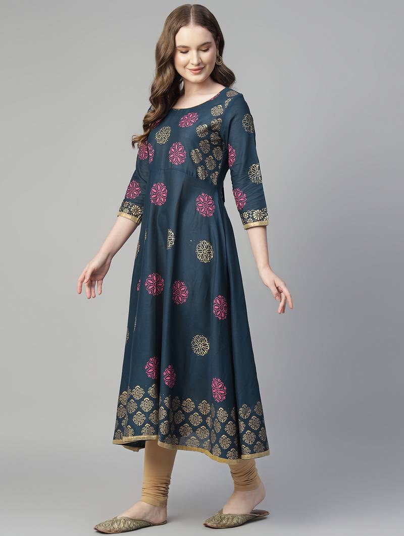 Navy blue cotton printed anarkali kurta
