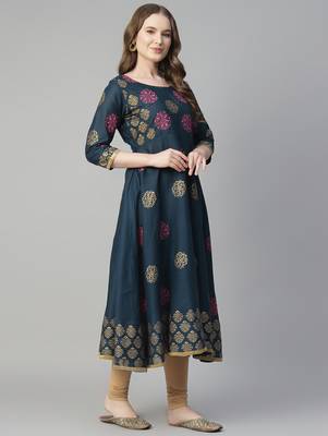 Navy blue cotton printed anarkali kurta 5