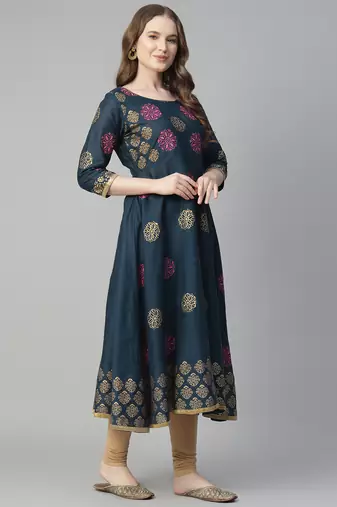 Navy blue cotton printed anarkali kurta