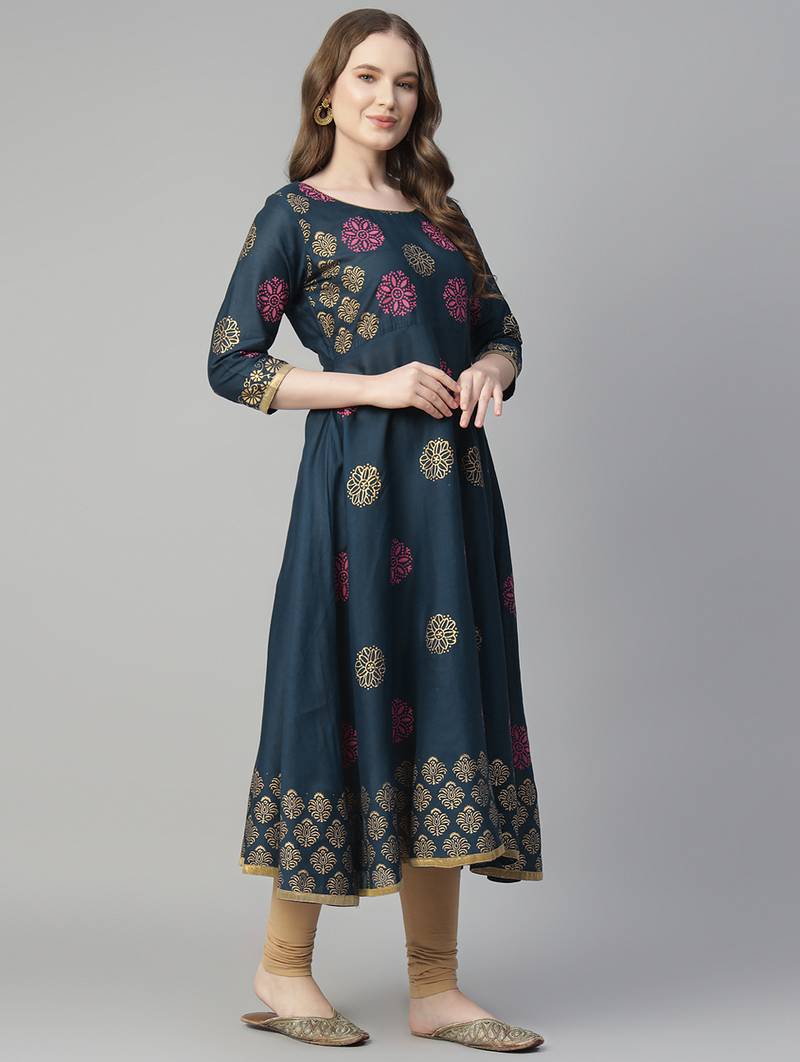 Navy blue cotton printed anarkali kurta