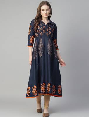 Navy blue cotton printed anarkali kurta 1