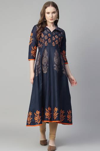 Navy blue cotton printed anarkali kurta