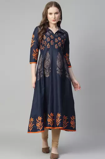 Navy blue cotton printed anarkali kurta
