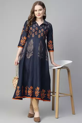 Navy blue cotton printed anarkali kurta