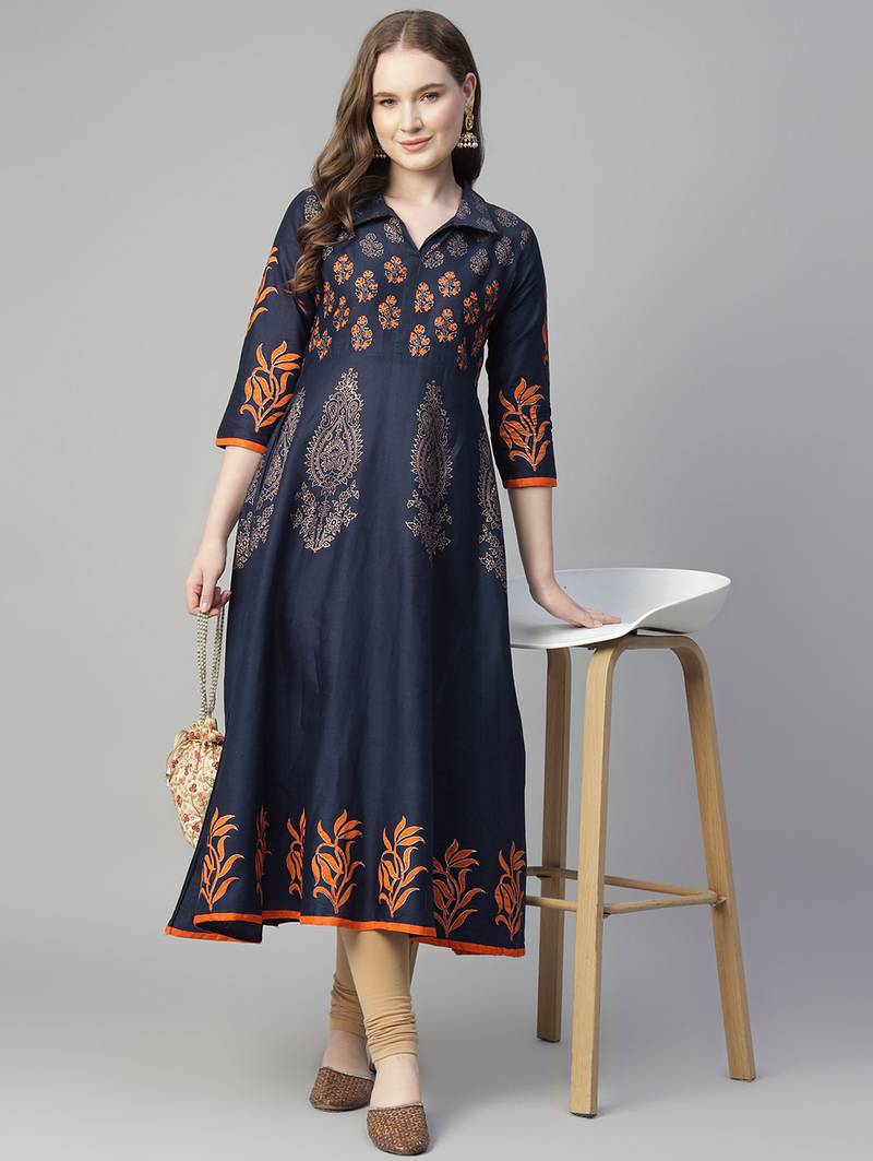 Navy blue cotton printed anarkali kurta