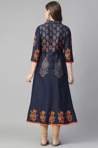 Navy blue cotton printed anarkali kurta