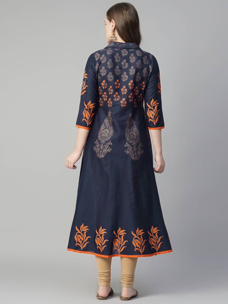 Navy blue cotton printed anarkali kurta