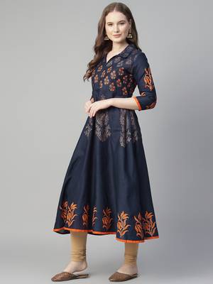 Navy blue cotton printed anarkali kurta 4