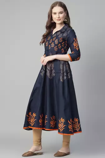 Navy blue cotton printed anarkali kurta