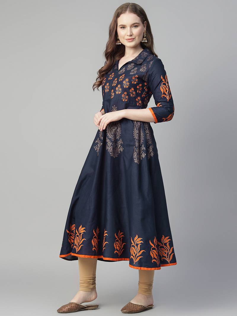 Navy blue cotton printed anarkali kurta
