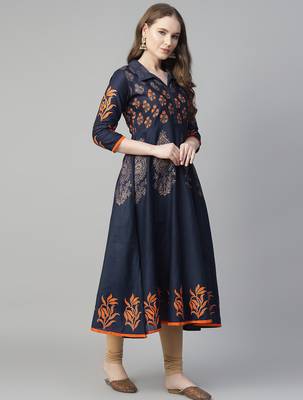Navy blue cotton printed anarkali kurta 5