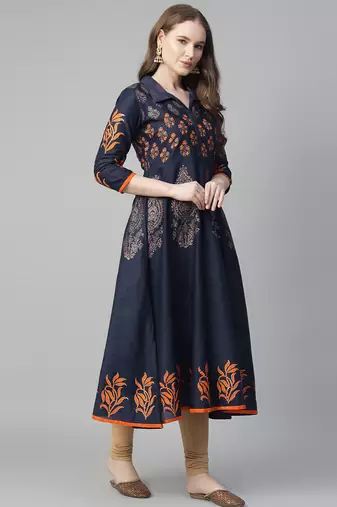 Navy blue cotton printed anarkali kurta