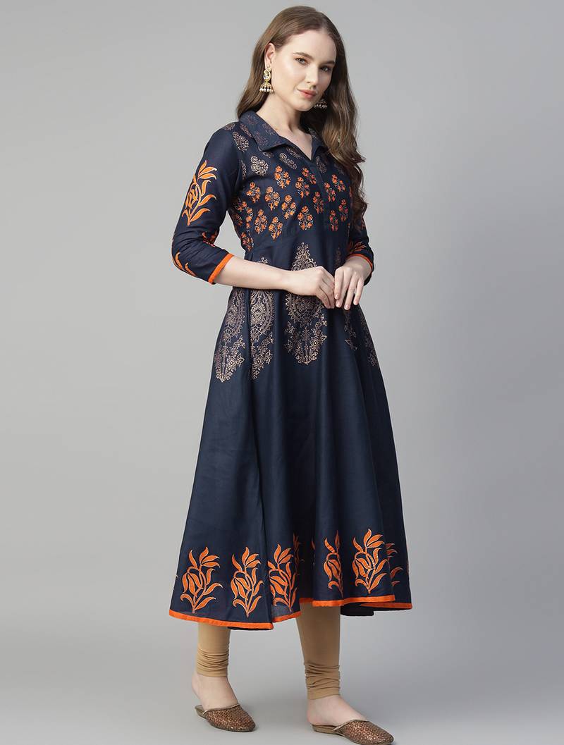 Navy blue cotton printed anarkali kurta