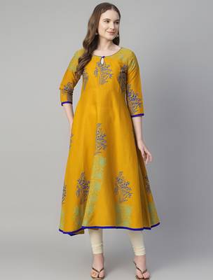 Mustard cotton printed anarkali kurta 1