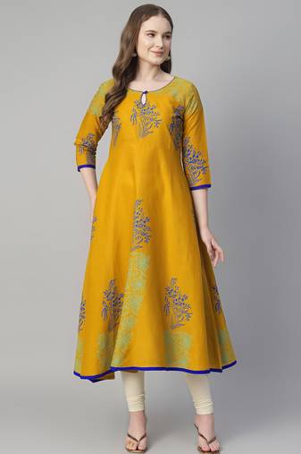 Mustard cotton printed anarkali kurta