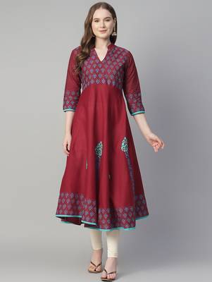 Maroon cotton printed anarkali kurta 1