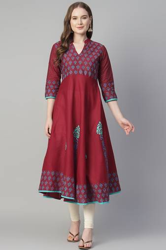Maroon cotton printed anarkali kurta