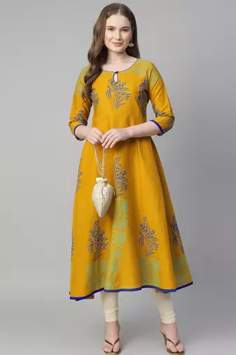 Mustard cotton printed anarkali kurta