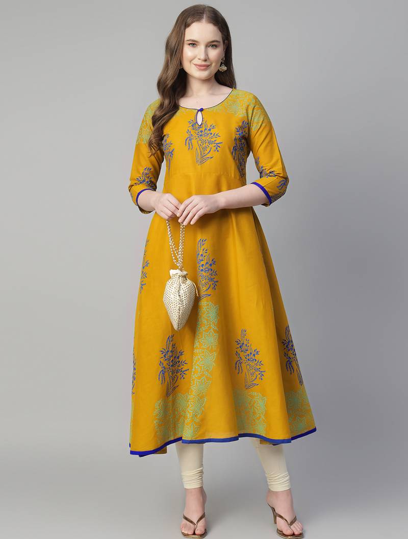 Mustard cotton printed anarkali kurta