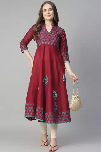 Maroon cotton printed anarkali kurta