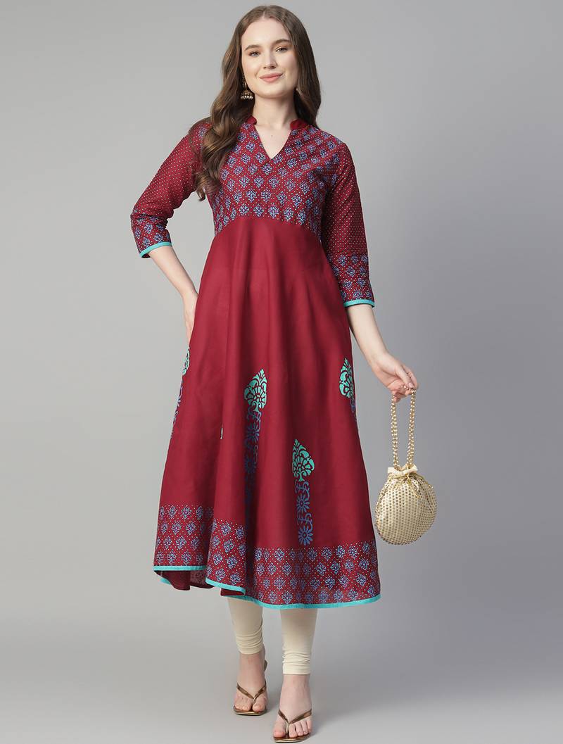 Maroon cotton printed anarkali kurta