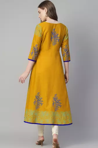 Mustard cotton printed anarkali kurta