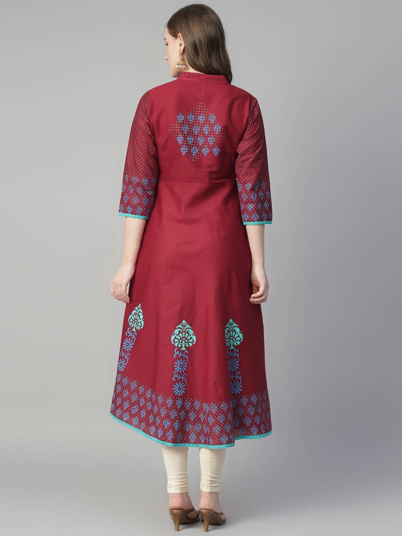 Maroon cotton printed anarkali kurta