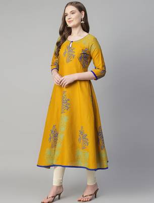 Mustard cotton printed anarkali kurta 4