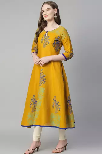 Mustard cotton printed anarkali kurta