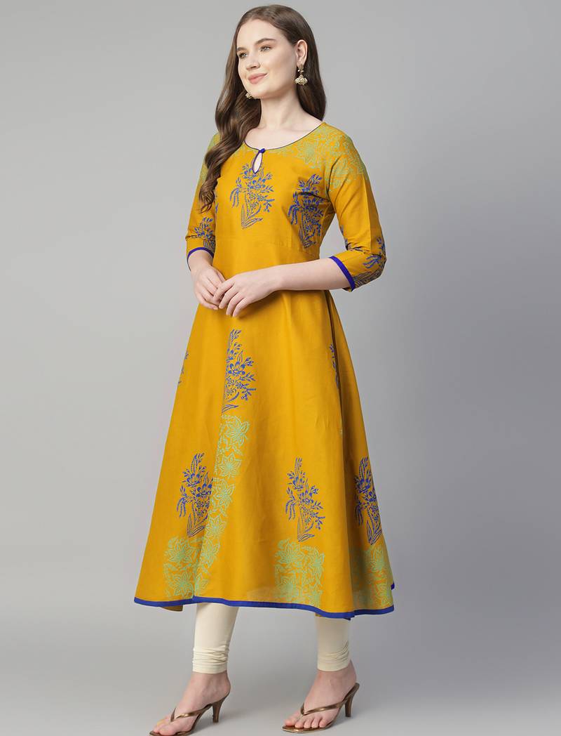 Mustard cotton printed anarkali kurta