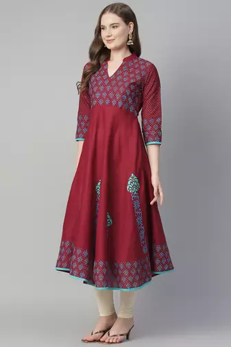 Maroon cotton printed anarkali kurta