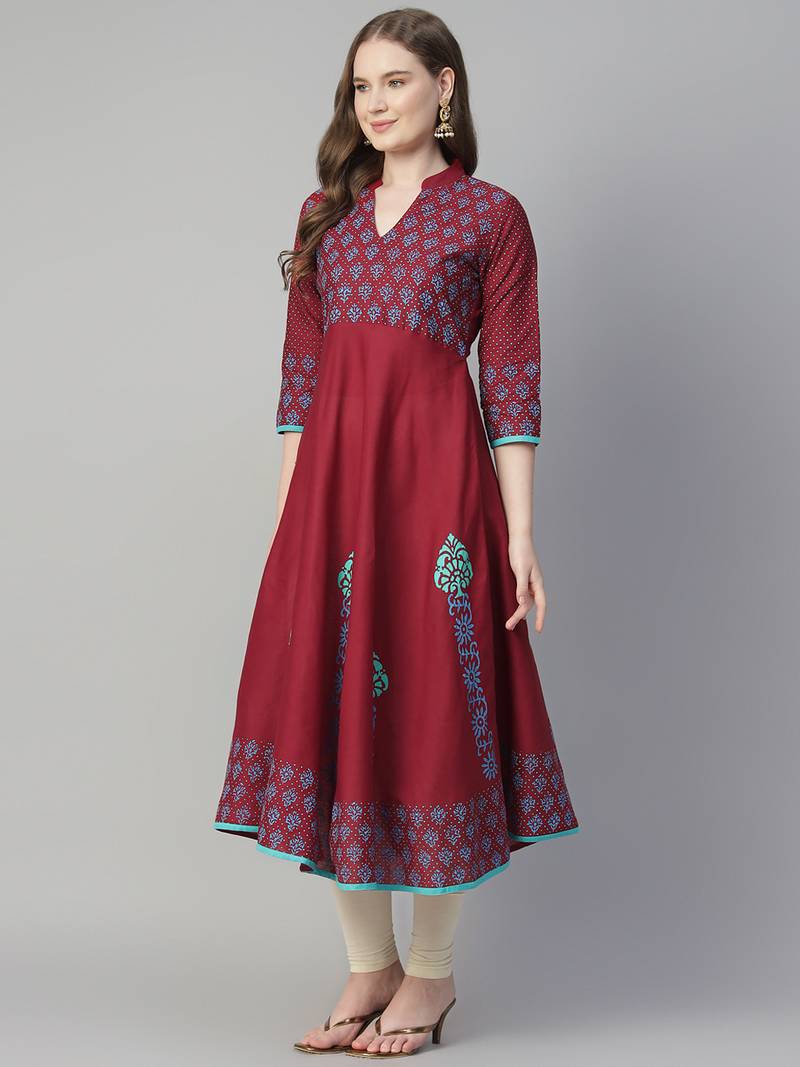 Maroon cotton printed anarkali kurta
