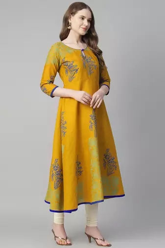 Mustard cotton printed anarkali kurta
