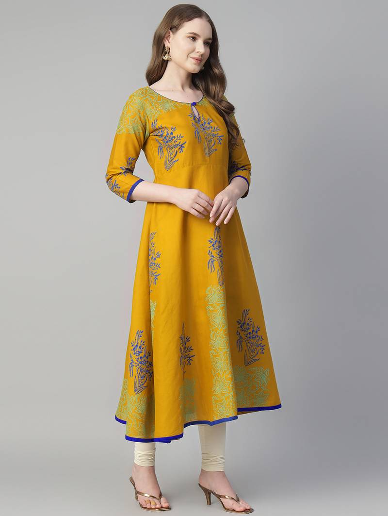 Mustard cotton printed anarkali kurta