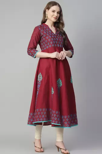 Maroon cotton printed anarkali kurta