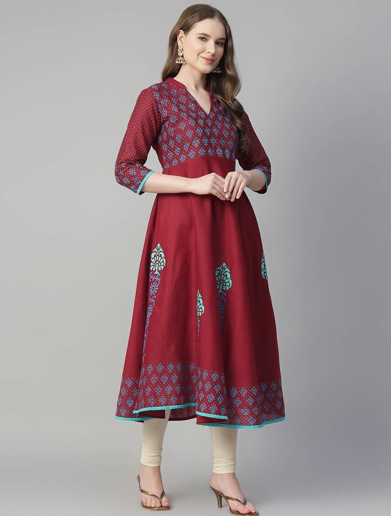 Maroon cotton printed anarkali kurta