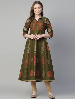 Dark mehndi cotton printed anarkali kurta 1