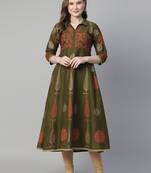Dark mehndi cotton printed anarkali kurta