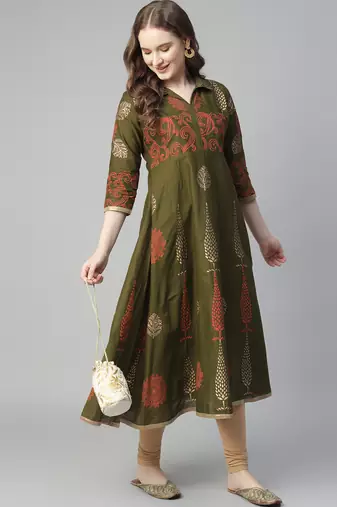 Dark mehndi cotton printed anarkali kurta