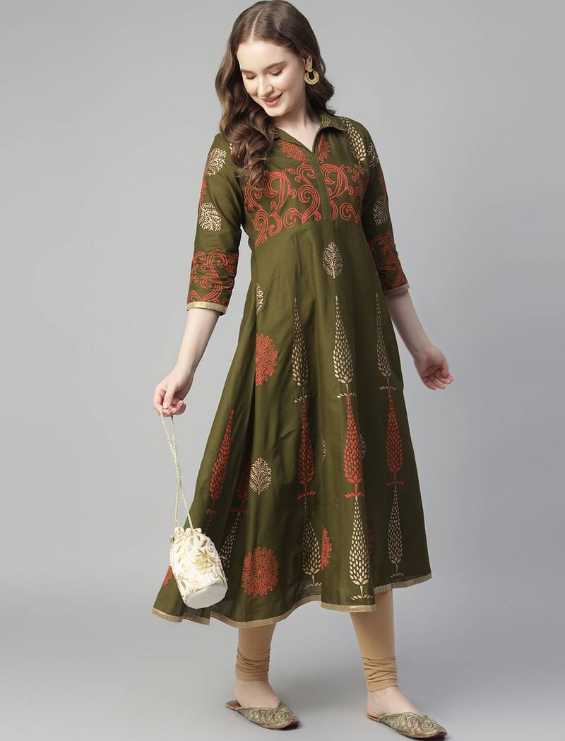 Dark mehndi cotton printed anarkali kurta
